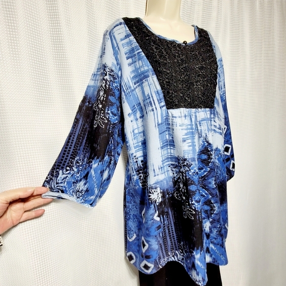 80s VTG Dress Barn Indigo Southwest Beaded Long Sleeve Pop Over Blouse (18/20) - Picture 4 of 11